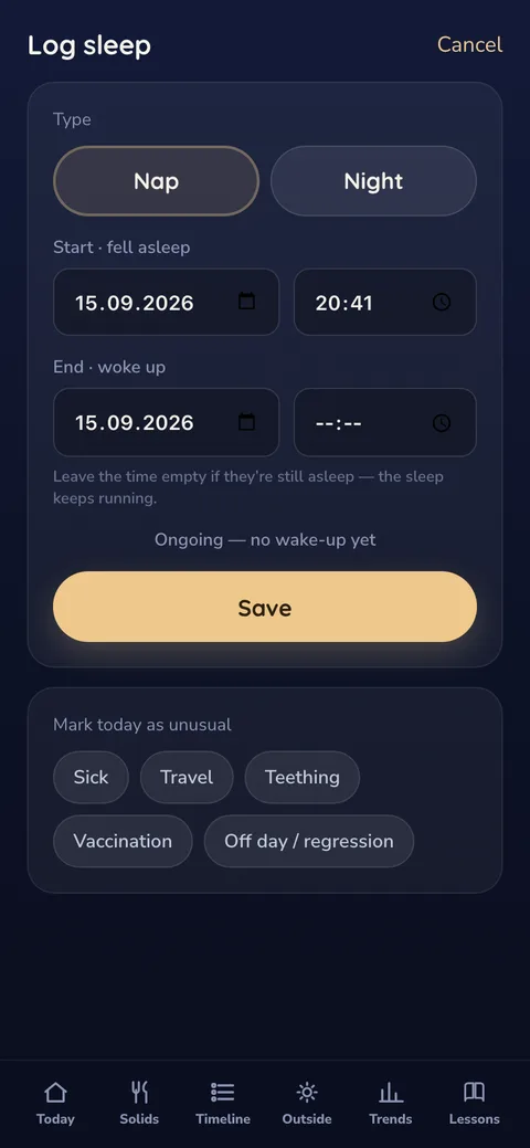Log a sleep screen with day tags